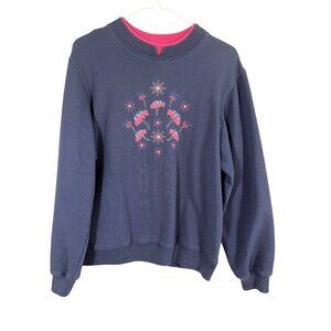 Baxter Wells Sweatshirt PL Blue Pullover Floral Granny 80s Embroidery Mature
